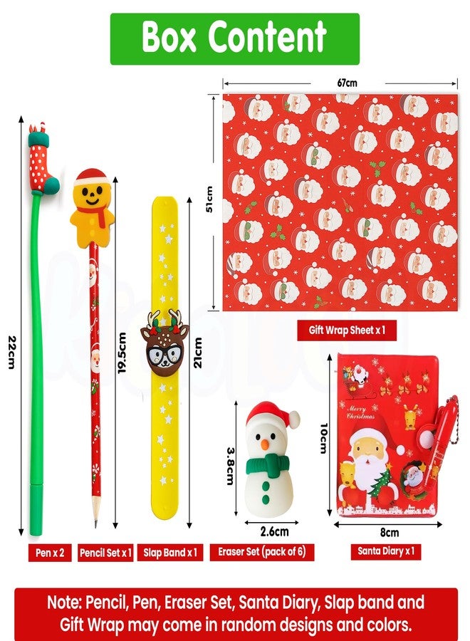 Kidology 6 Pcs. Christmas Stationery Gift Set for Kids - Holiday Pens, Pencils, Slap Band, Erasers, Santa Diary & Gift Wrap | Random Festive Colors & Designs - Image 2
